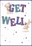 Full of cheer and hope, this get well card pops with a sense of optimism as two adorable characters-a teddy bear and a floppy-eared puppy-welcome the recipient's gaze. Their plush bodies and expressive eyes firmly grip the large, lively 'Get Well' letters, themselves painted in shades of indigo and teal that seem as fresh as flowers lining the footpaths of Kingston upon Thames. Playful clusters of stars in blues and purples drift across the card, imbuing the design with sparkle and possibility, much like spring sunlight over the market square. The inviting cream background gives each element space to shine, conveying cleanliness and gentle encouragement. It's the kind of card that, much like a handpicked bouquet from a Kingston upon Thames florist, delivers more than a message-it sends a warm embrace, a promise of brighter days to come for anyone in need of healing in our community.